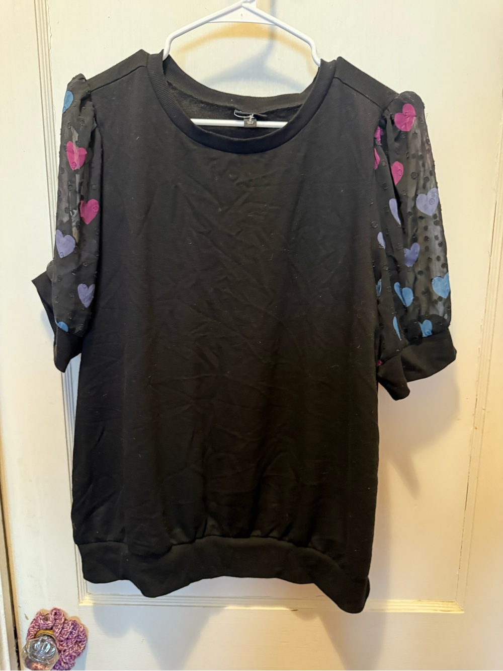 Torrid Black Short-Sleeve Top with Colorful Heart Sheer Sleeves